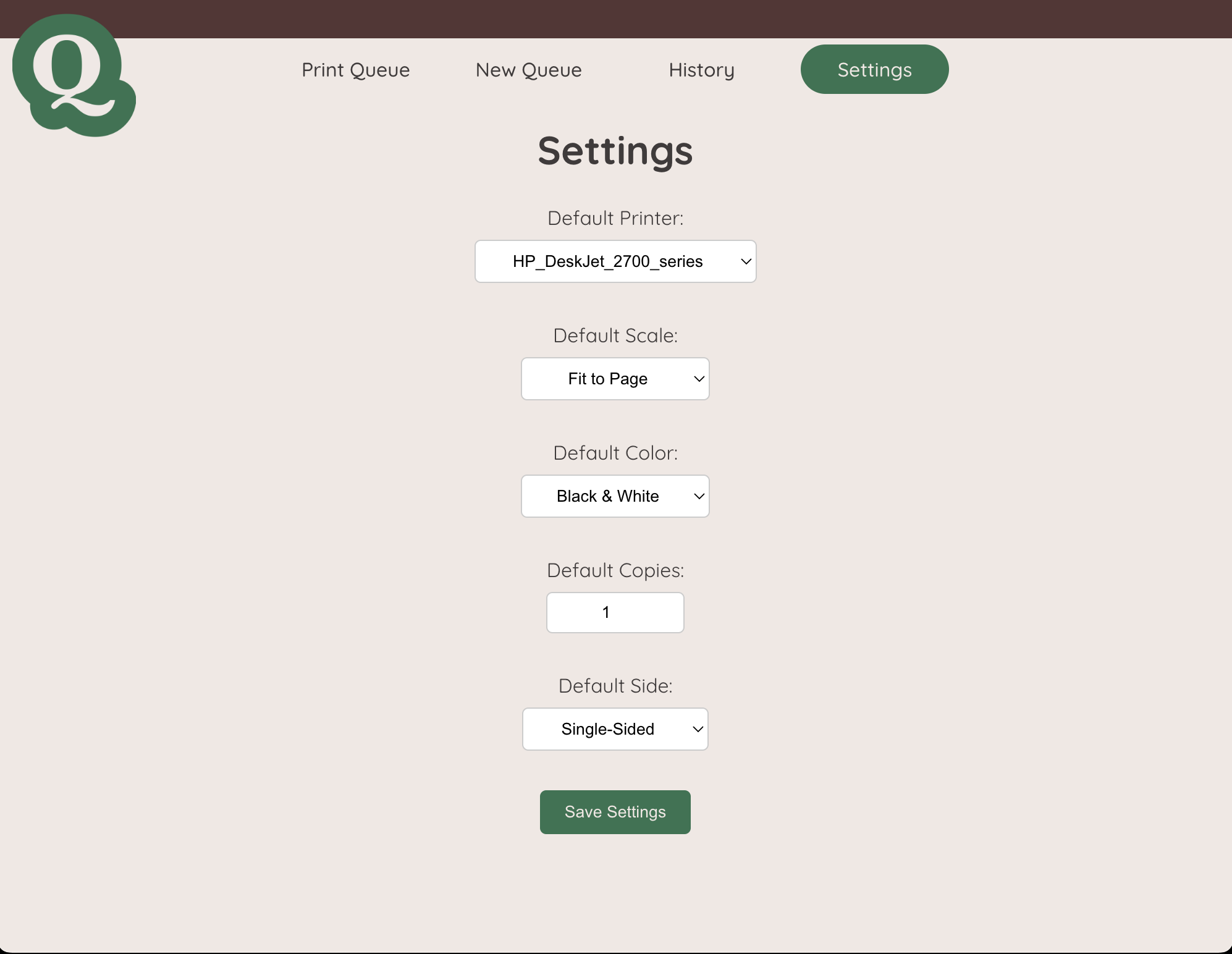 Image of the PrintQ settings page