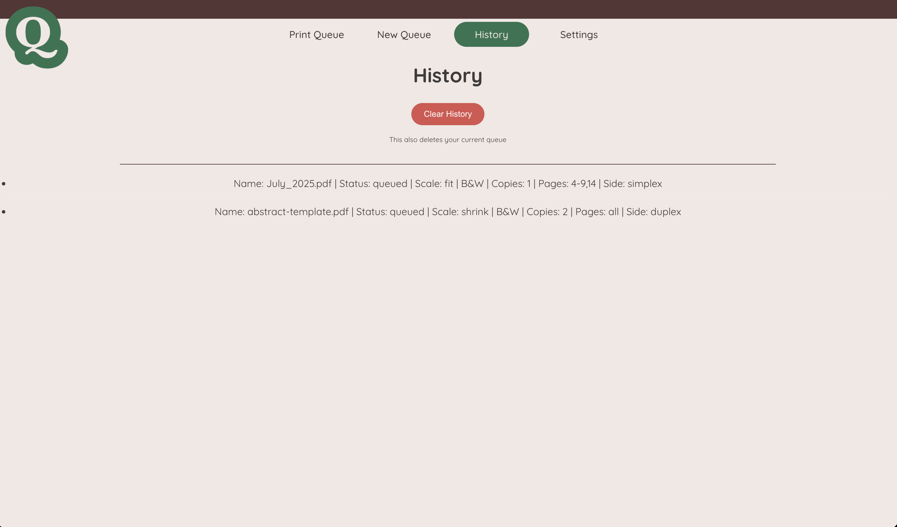 Image of the PrintQ history view